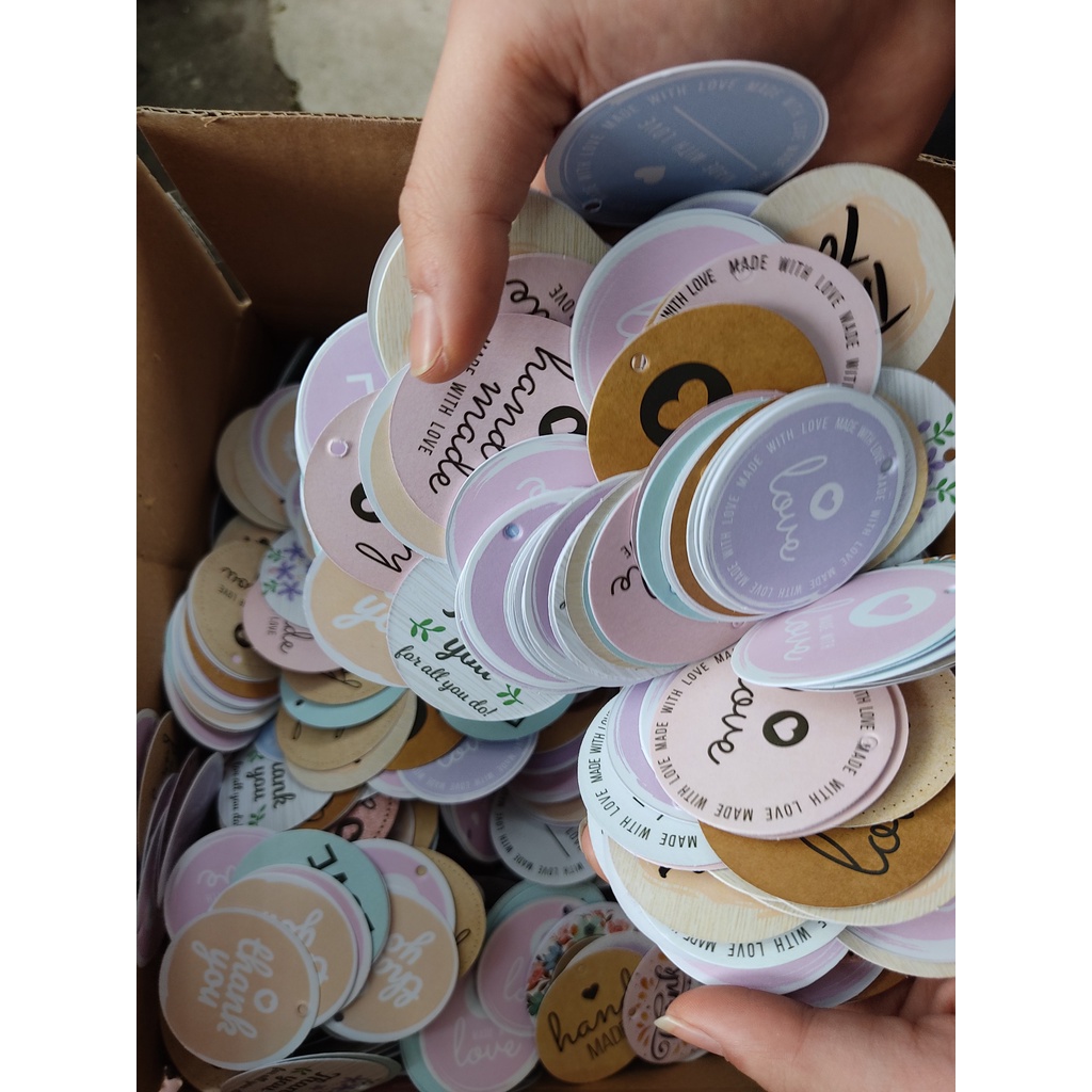100 Tag giấy hình Tròn 5cm In tag thank you treo phụ kiện hàng có sẵn Tag TK Tròn