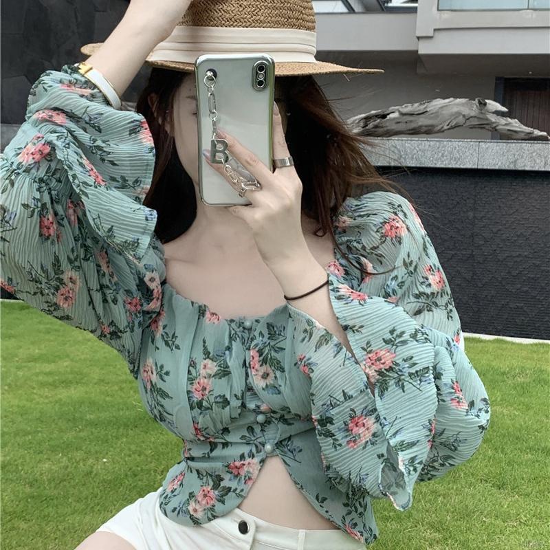 Áo croptop tay dài phồng cổ vuông in họa tiết hoa phong cách Hàn Quốc thời trang cổ điển quyến rũ cho nữ