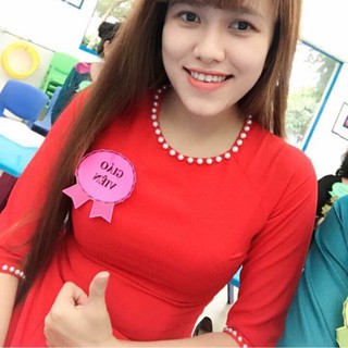 Áo dài truyền thống đính hạt viền cổ chất lụa đẹp màu đỏ và hồng kèm quần hàng đẹp