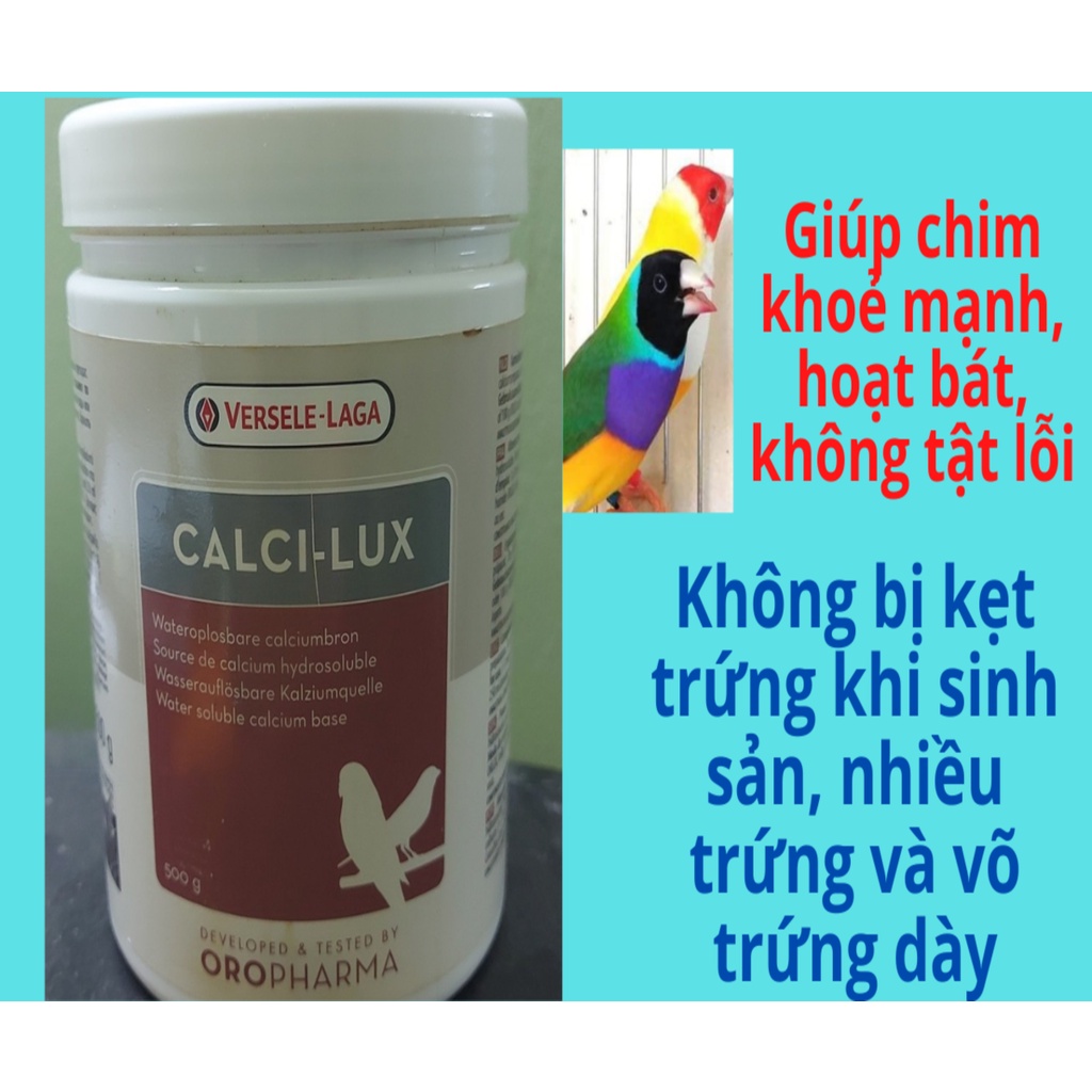 Calci-lux giúp chim sinh sản tốt, hạn chế tật lỗi, hoạt bát, chống còi xương. 10gr/55k