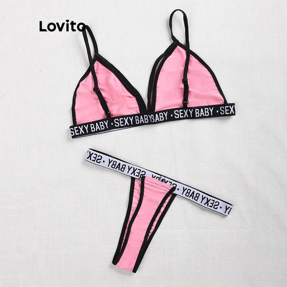 Đồ bơi hai mảnh Lovito in họa tiết chữ sexy L00307 (hồng/xám) | BigBuy360 - bigbuy360.vn