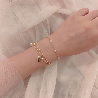 Vòng Tay Hai Lớp Bằng Thép Titan Mạ Vàng Mặt Hình Trái Tim Thời Trang Cho Nữ