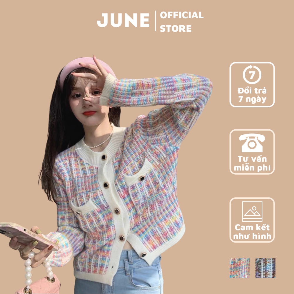 Áo cardigan len dệt kim kẻ sọc màu cầu vồng JUNE thời trang thu đông cho nữ