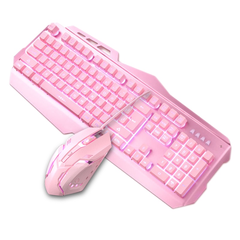 Bàn phím cơ chơi game 104 phím có đèn nền nền màu hồng tím/ và chuột giả cơ máy tính chơi game led USB keyboard