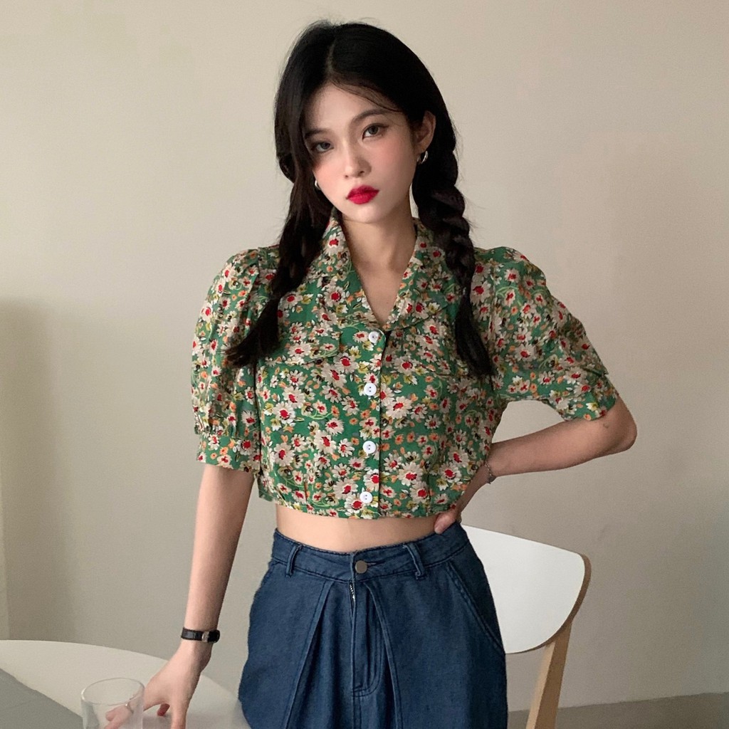 [CÓ SẴN] Áo hoa tiểu thư Hong Kong Style mùa hè croptop tay phồng cổ điển Retro Vintange sang chảnh đài các thời thượn