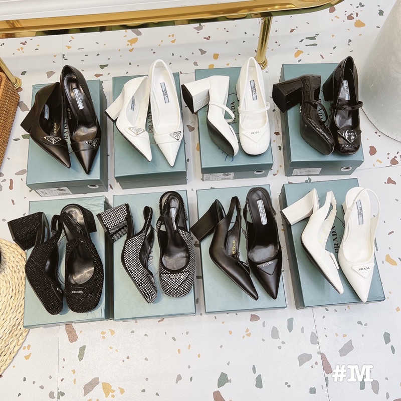 Sandal prada gót vuông mũi tròn