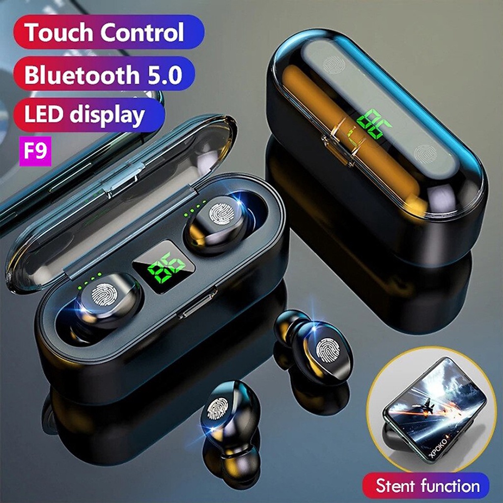Tai Nghe Bluetooth Cảm Ứng Cao Cấp Tích Hợp Sạc Dự Phòng 2500mAh + Giá Đỡ Điện Thoại, Bass Cực Hay Và Kháng Nước Tốt F9