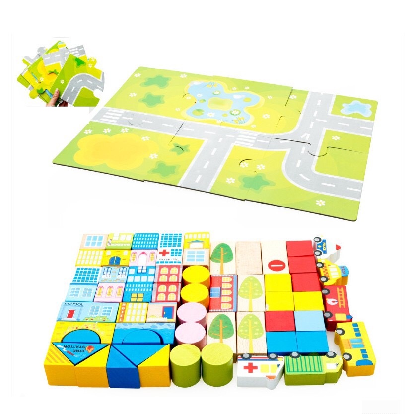 Xếp Hình Xây Dựng Thành Phố TOTORO KIDS, Bộ Ghép Gỗ Theo Mô Hình 62 Chi Tiết Cho Bé Tập Làm Kỹ Sư