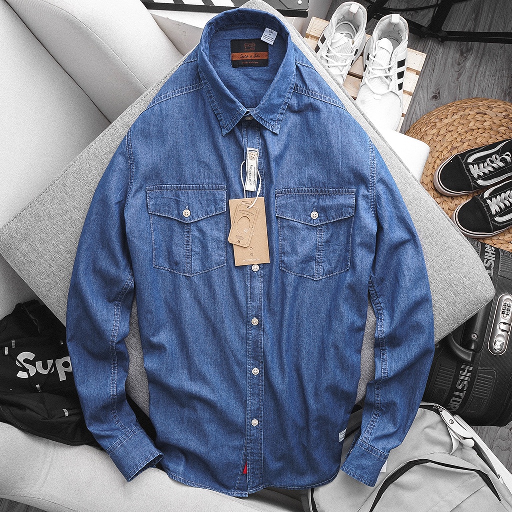 Áo sơ mi denim nam màu rêu chất dày đẹp fom rộng phong cách phố thời trang 2022 của hãng thời trang nam Muslan