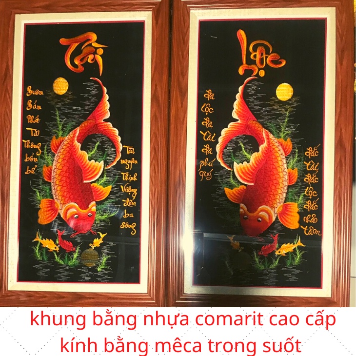 Tranh thêu vi tính lý ngư vọng nguyệt,tranh đôi cá chép lý ngư,tranh đôi cá chép tài lộc thành phẩm,đenvà trắng