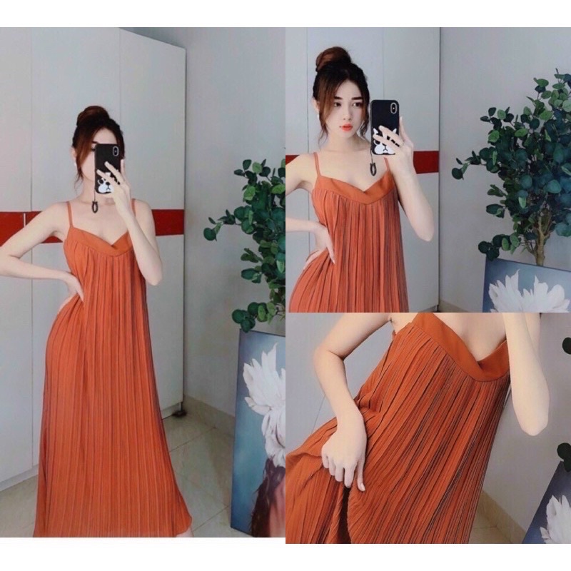 Đầm maxi hai dây xếp ly dài xinh xỉu đi biển siêu đẹp