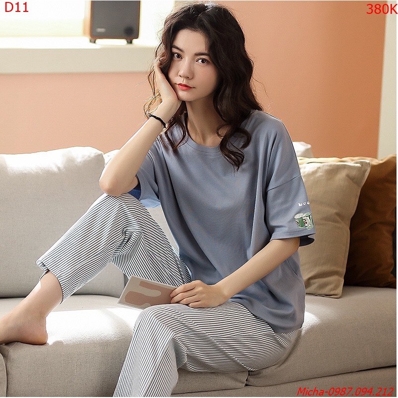 Đồ bộ nữ 💐FREE SHIP💐 Bộ quần dài tay ngắn màu xanh kẻ sọc trang nhã - Micha D11 [ bộ nữ]