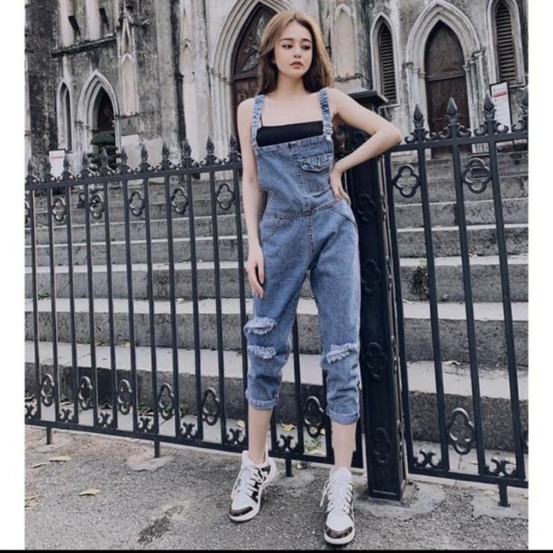 Quần Yếm jeans Dài Rách- Túi Đồng HỒ Có Nắp