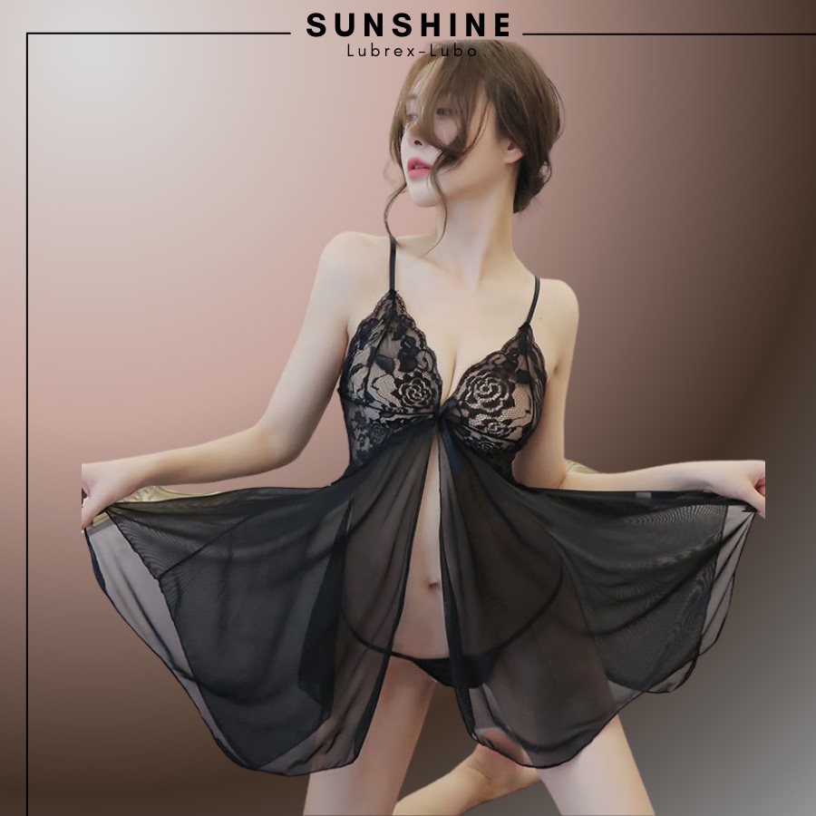 Váy ngủ sexy gợi cảm 2 dây xuyên thấu màu Đen SUNSHINE LUBREX-LUBO hở trước SX1120