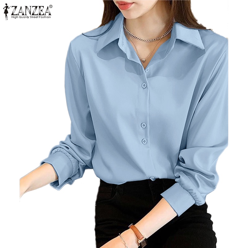 ZANZEA Áo Sơ Mi Nữ Dài Tay Vải Satin Thời Trang Hàn Quốc