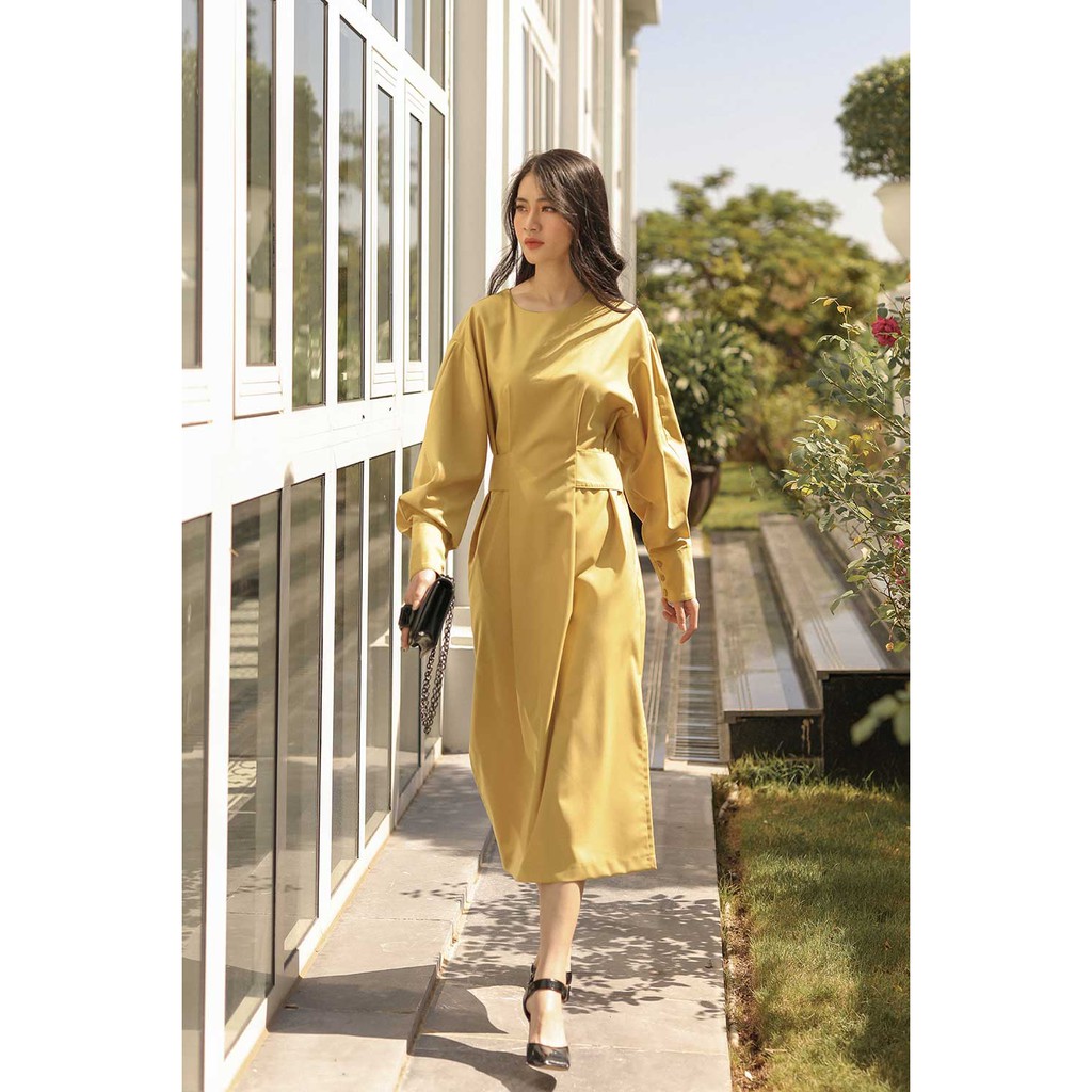 Váy đầm nữ xếp ly tà, đai eo sau lưng, cổ tròn, tay dài hàng thiết kế cao cấp TK Fashion - DK B47