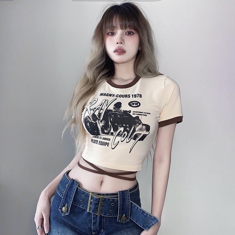 Áo Croptop Crt Trắng Viền Nâu Thiết Kế Đan Dây Eo Dáng Ôm In Hình Kèm Ảnh Thật