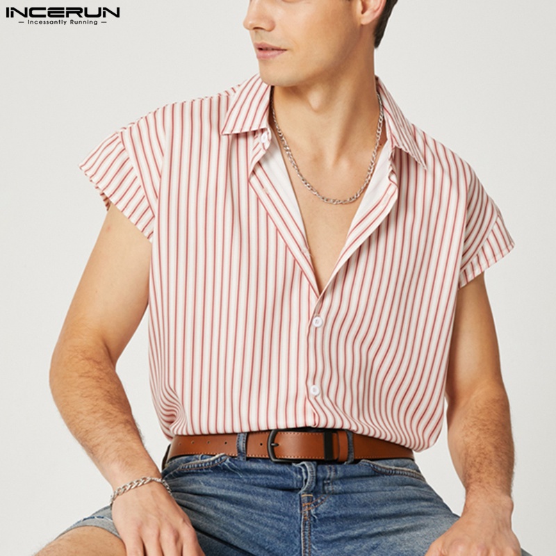 Áo sơ mi INCERUN cổ bẻ tay ngắn dáng rộng họa tiết kẻ sọc thời trang mùa hè cho nam
