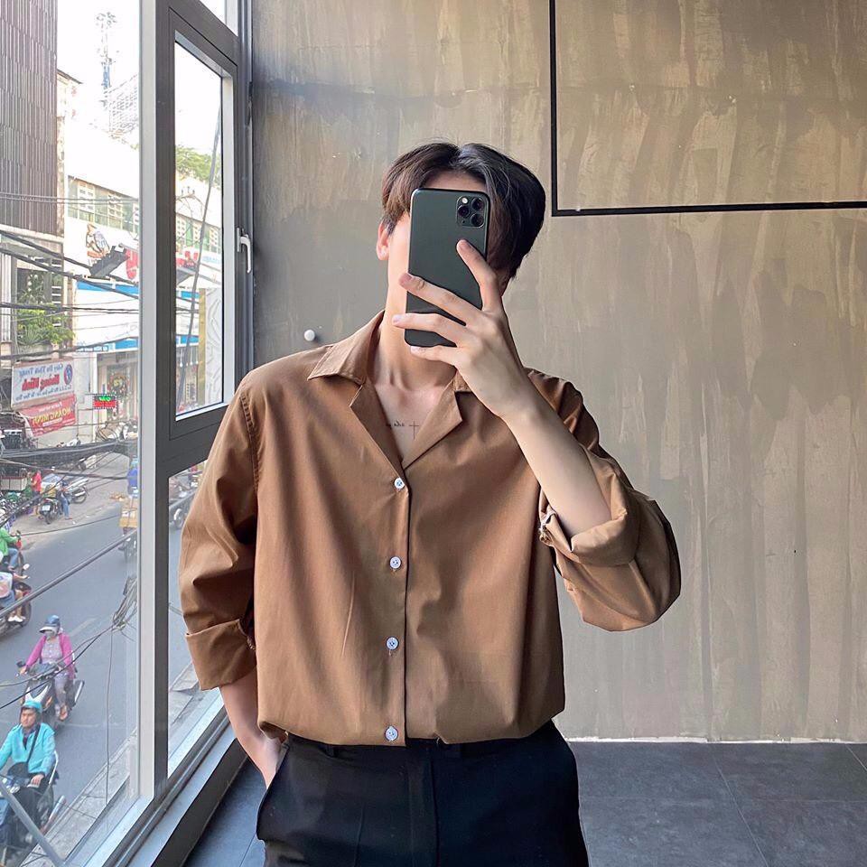 Áo sơ Mi Cổ Vest Màu Be Unisex full size