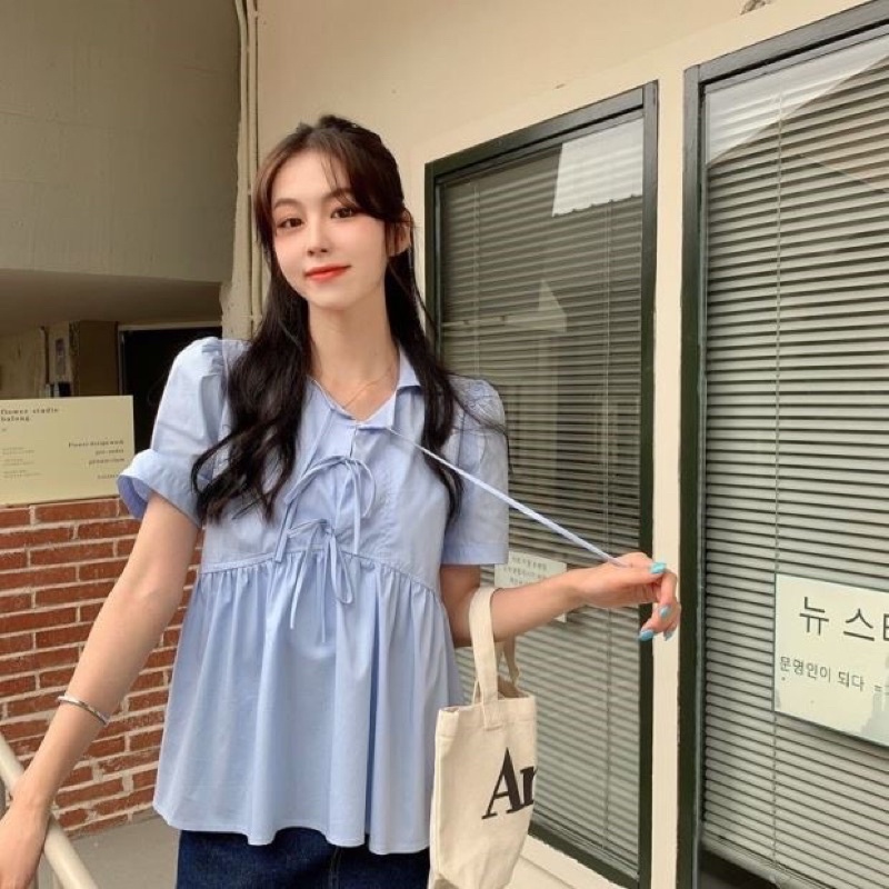 Áo sơ mi nữ trắng xanh dáng babydoll thắt nơ xinh xixeoshop - V43