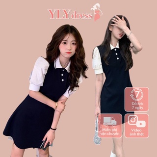 Váy đầm nữ cổ polo đen trắng cộc tay phồng dáng chư A xòe phom tôn dáng freesize ngắn ylydress C766