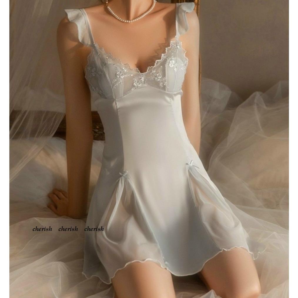 (M. 124) Váy ngủ sexy lụa có đệm ngực cao cấp Đầm mặc nhà dây cánh tiên gợi cảm quyến rũ