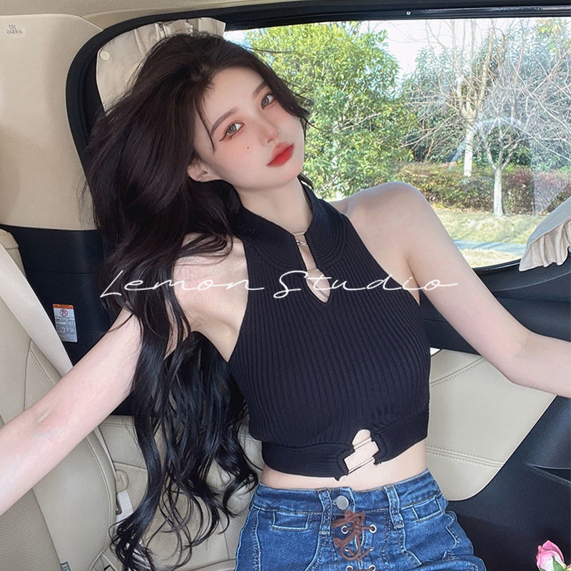 Lemon studio Áo Croptop Hai Dây Dệt Kim Màu Trơn Thời Trang Dành Cho Nữ 90069