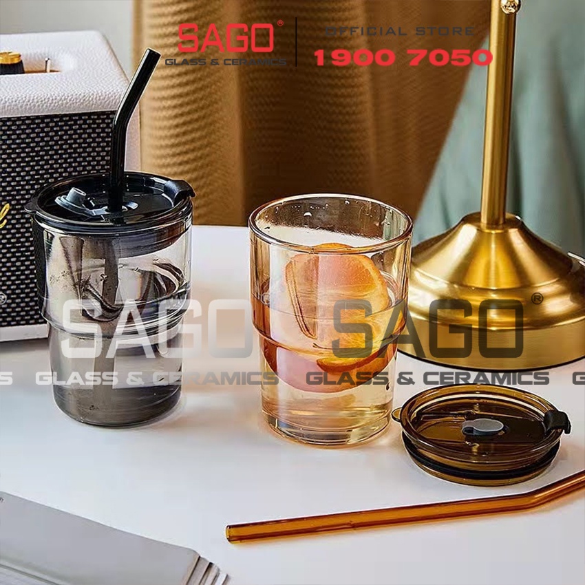 [ Siêu Hot ] Ly Thủy Tinh Hai Tầng INS Water Cup 400ml Có Nắp | Tùy Chọn Có Bao Da và Óng Hút Thủy Tinh