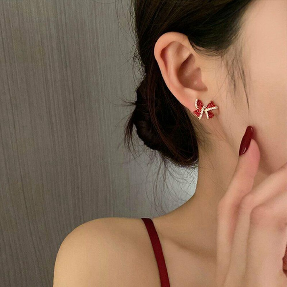 Khuyên tai dạng vòng lủng lẳng mặt hình nơ đính đá zircon đỏ thời trang cho nữ