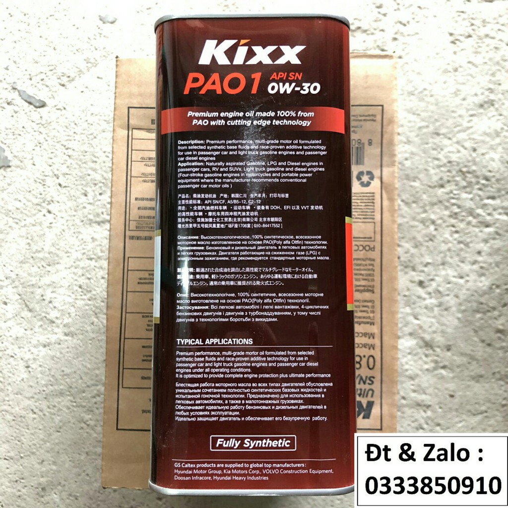 Nhớt ô tô tổng hợp toàn phần Kixx PAO 1 0w30