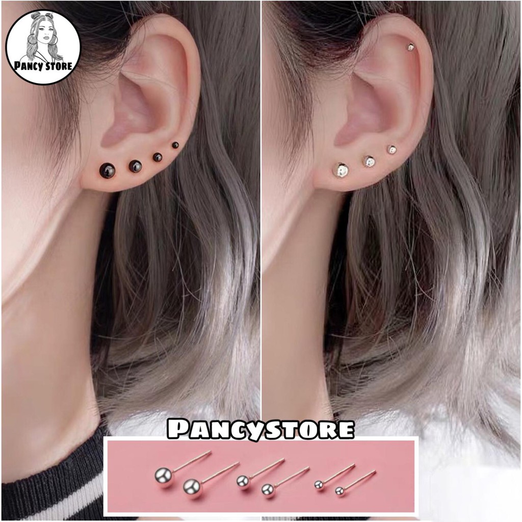 khuyên tai bông tai nam nữ đầu bi tròn titan không gỉ