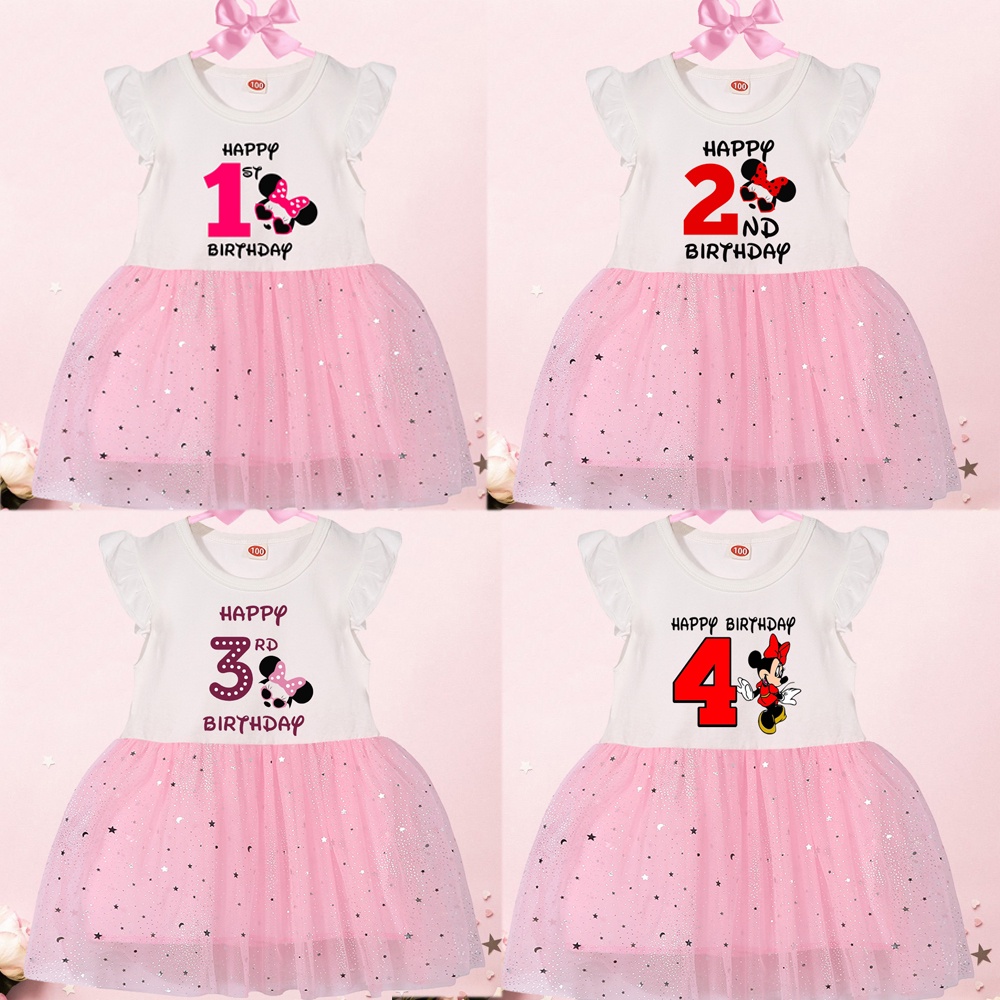 Đầm Xòe In Hình Chuột Mickey Và Minnie Màu Hồng Dành Cho Bé Gái 1-4 Tuổi 1-5 Tuổi