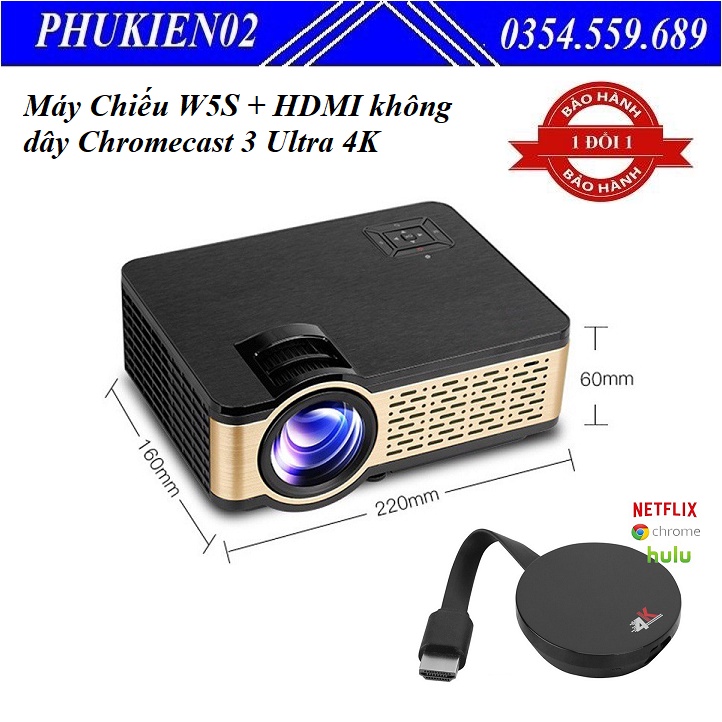 [ Chính hãng ] Combo Máy Chiếu Hỗ Trợ Tiếng Việt Thế Hệ Mới W5S + Thiết bị HDMI không dây Chromecast 3 Ultra 4K