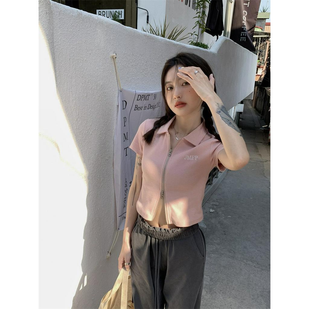 Áo Croptop Tay Ngắn Có Khóa Kéo Thêu Họa Tiết Thời Trang Mùa Hè Mới Cho Nữ