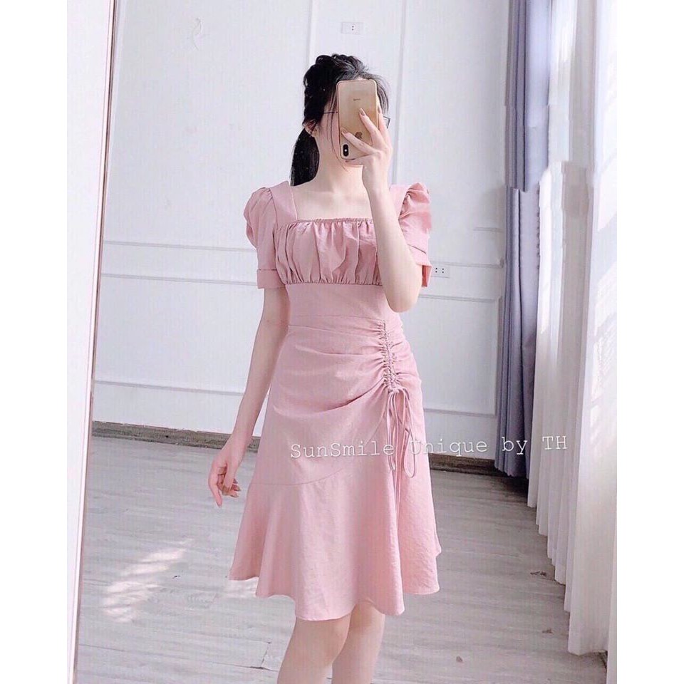 Váy cổ vuông nhăn rút dây đuôi cá mã 244(kèm video,ảnh thật)