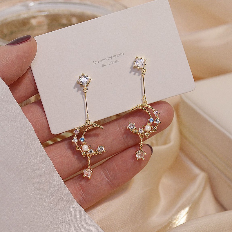 Bông tai hình mặt trăng đính đá trong suốt 14K nhiều màu sắc