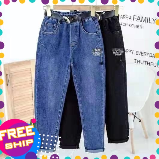 Quần jean dáng baggy bé gái 10-18 tuổi đính chữ, Quần bò cho bé co giãn cực tốt khỏe khoắn thời trang