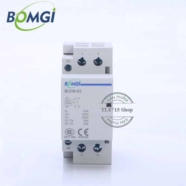 Contactor 63A/220V 2NO BOMGI mini làm tiếp điểm phụ cho công tắc hẹn giờ, công tắc điều khiển từ xa, công tắc wifi