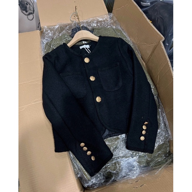 Áo khoác dạ tweed đen 2 lớp viền dây cúc đồng sang chảnh