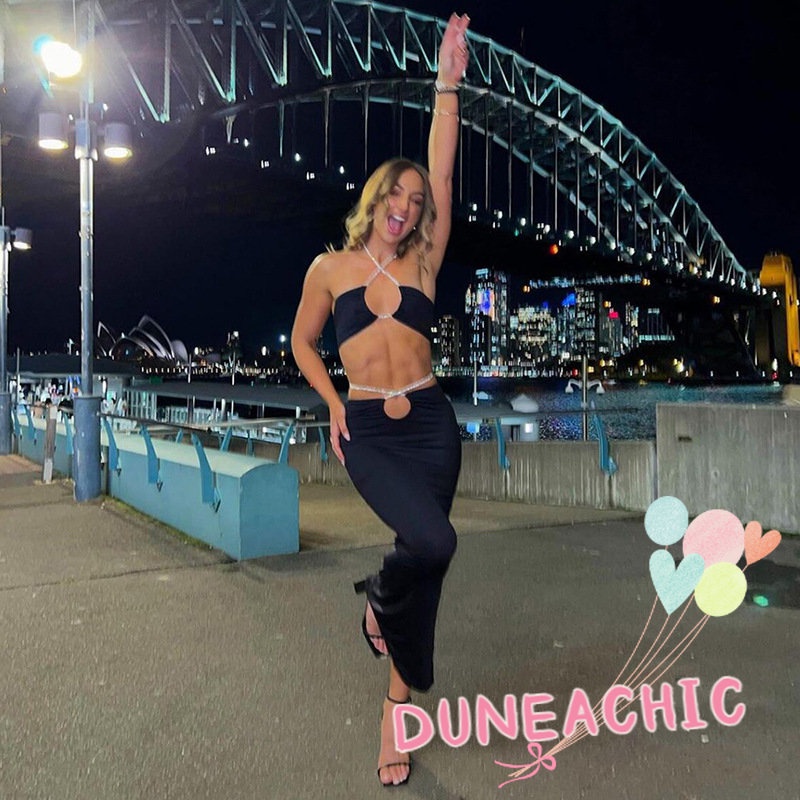 DUNEA Set Áo Tank Top Trễ Vai Phối Chân Váy Cột Dây Thời Trang Trẻ Trung Cho Nữ