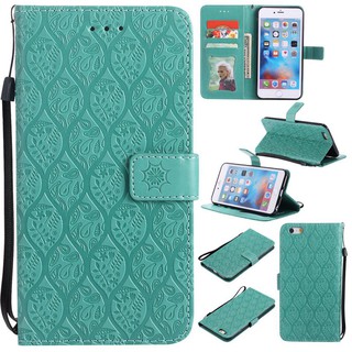 For iPhone 6 Plus/6S Plus Green Lanyard Relief Flower Leather Flip Case