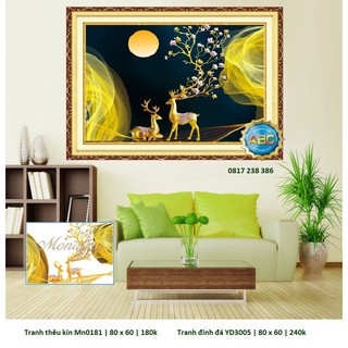 Tranh thêu, tranh đính đá hươu nai tài lộc mn00181 , yd3005