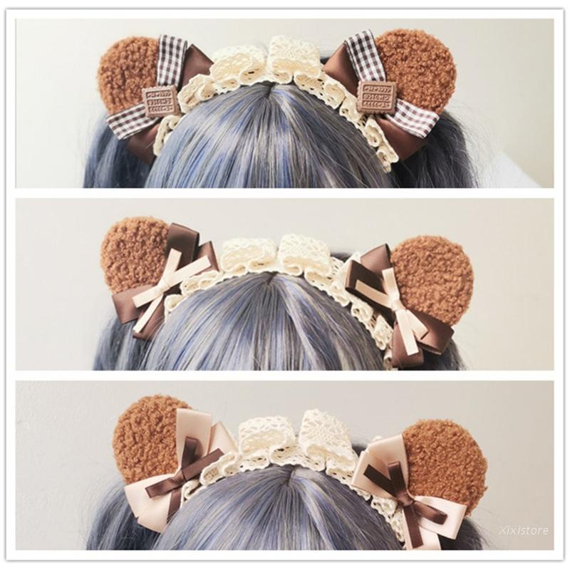 Cài tóc hình tai gấu phối ren đính nơ phong cách lolita cho nữ