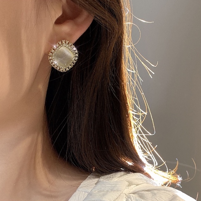 Bông Tai Mạ Bạc 925 Hình Vuông Đính Đá Quý Thời Trang Phong Cách Hàn Quốc Cho Nữ