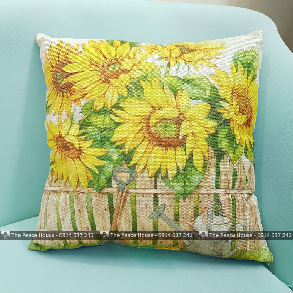 Vỏ gối vuông tựa lưng trang trí sofa 45x45cm HOA HƯỚNG DƯƠNG