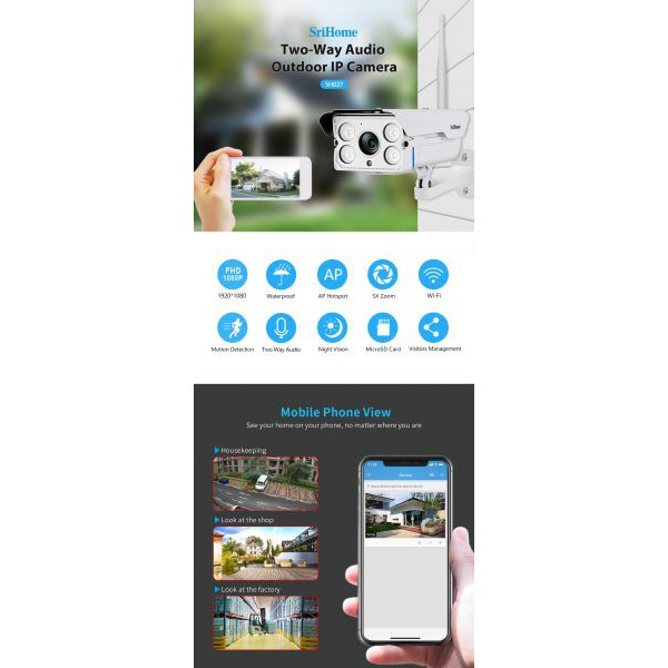 Camera ip wifi Srihome SH027 2.0Mpx -Zoom X5,Quan sát ngoài trời, siêu nét,hồng ngoại, chống nước