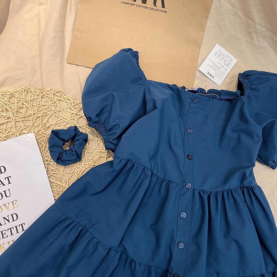 Váy Xanh Dáng Baby Doll Cúc Bọc Kèm Dây Buộc Tóc