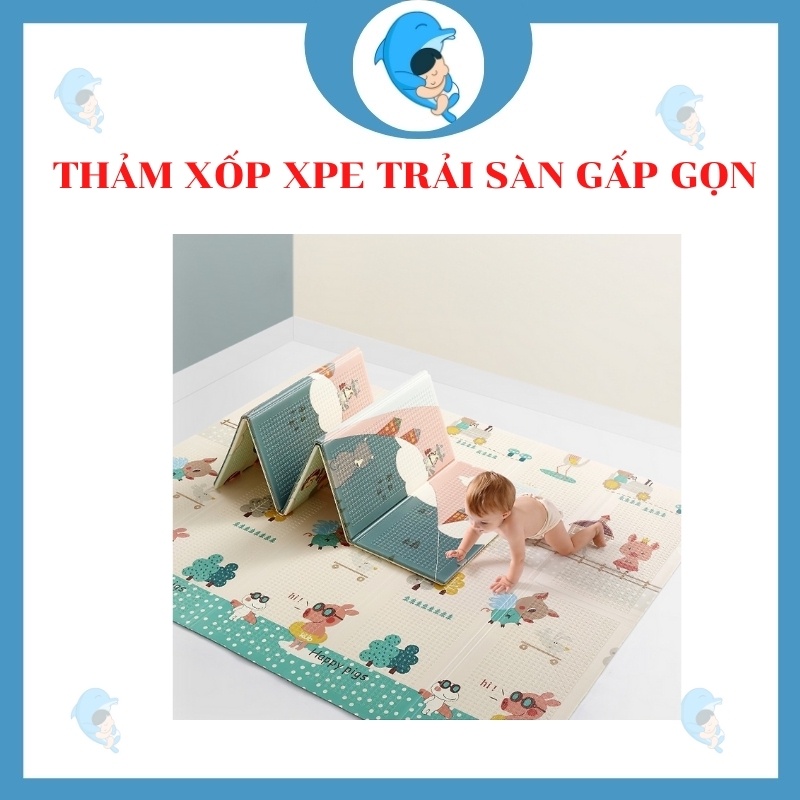 Thảm xốp trải sàn XPE phủ silicon chống thấm in 2 mặt gấp gọn an toàn cho bé kích thước 1.8*2m