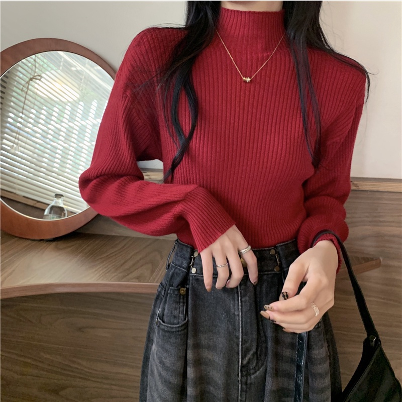 IELGY    Áo sweater Tay Dài Cổ Cao Màu Trơn Thời Trang Cho Nữ