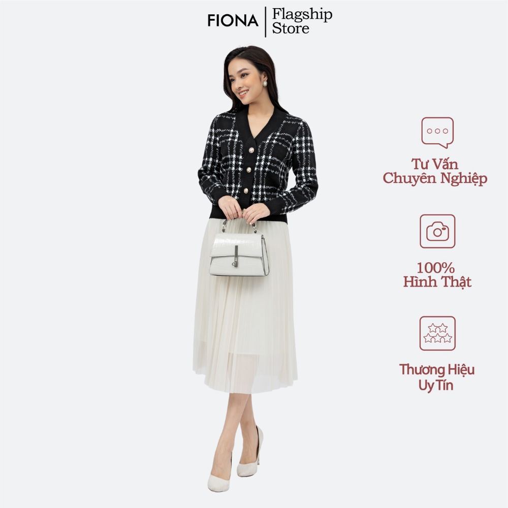 Áo khoác len nữ cổ tim FIONA, áo khoác nữ cardigan ngắn họa tiết kẻ F851423